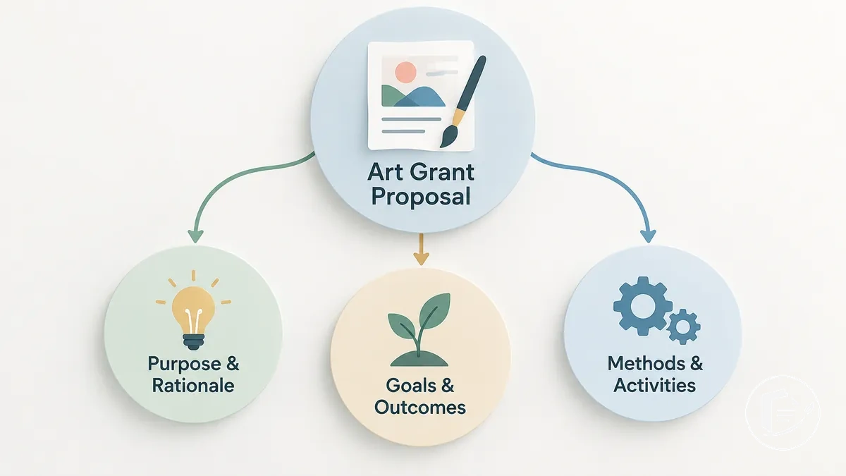 Diagramm, das Projektzweck und künstlerische Begründung, Ziele und angestrebte Ergebnisse sowie Methoden und Projektaktivitäten in einem Förderantrag verbindet
