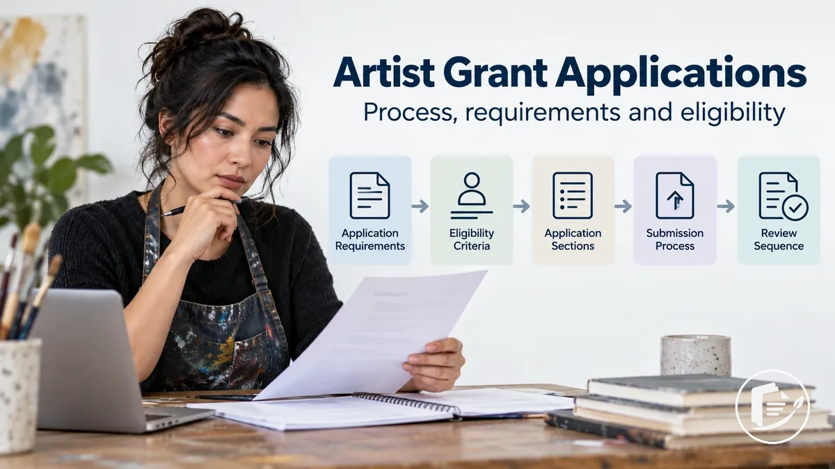Artist reviewing grant application requirements and eligibility criteria