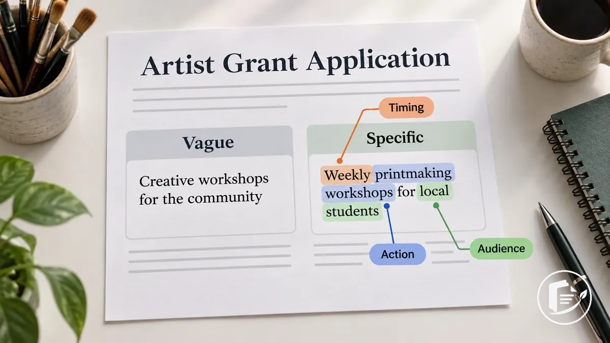 Annotated example comparing vague and specific wording in an artist grant application