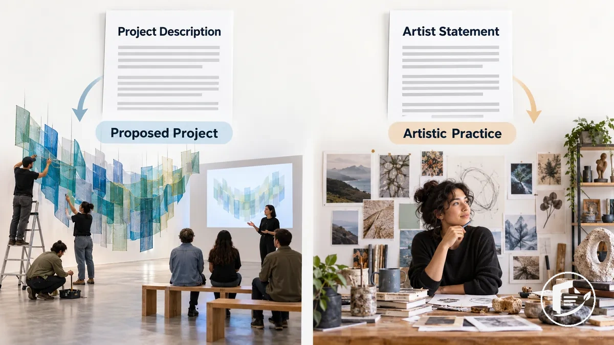 Illustration distinguishing a proposed art project description from an artist statement about broader artistic practice