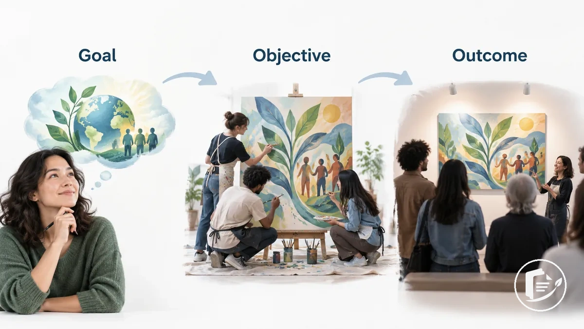 Illustration showing the relationship between an art project goal, objective, and intended outcome