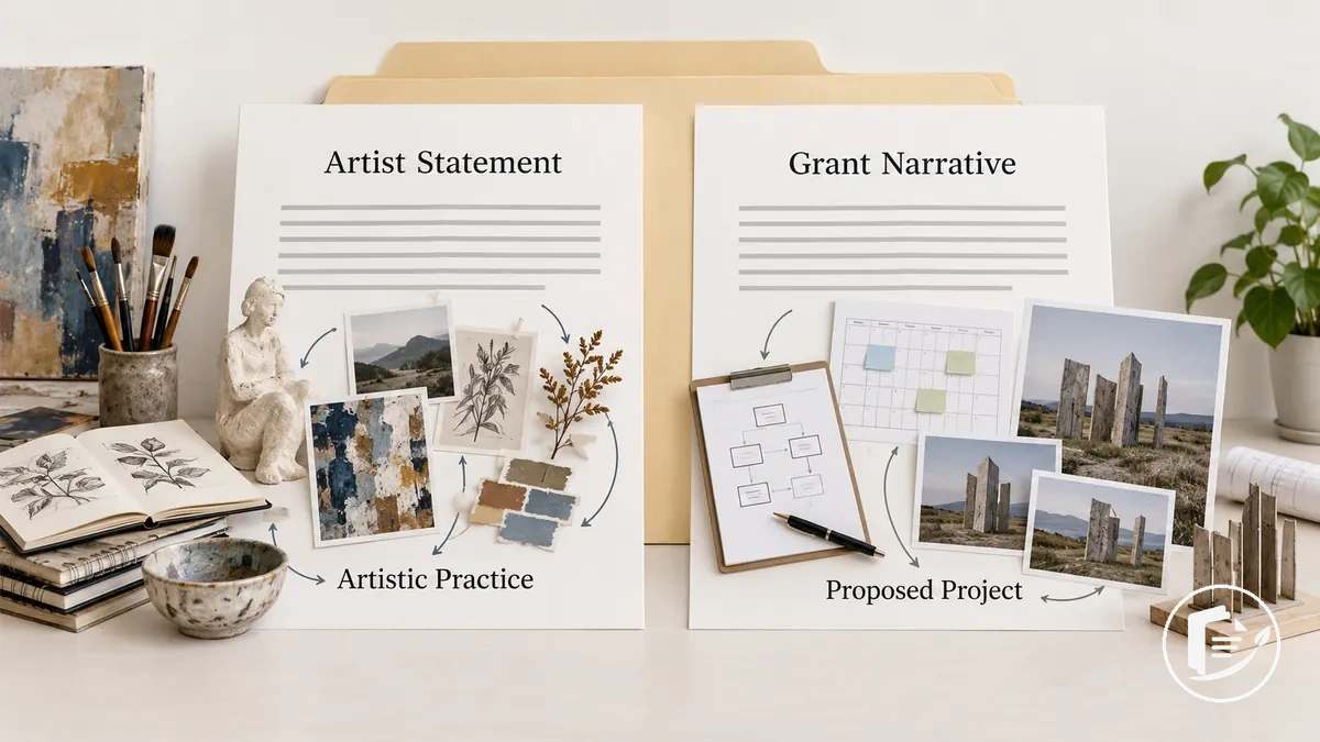Artist statement and grant narrative shown as practice-focused and project-focused parts of a grant application