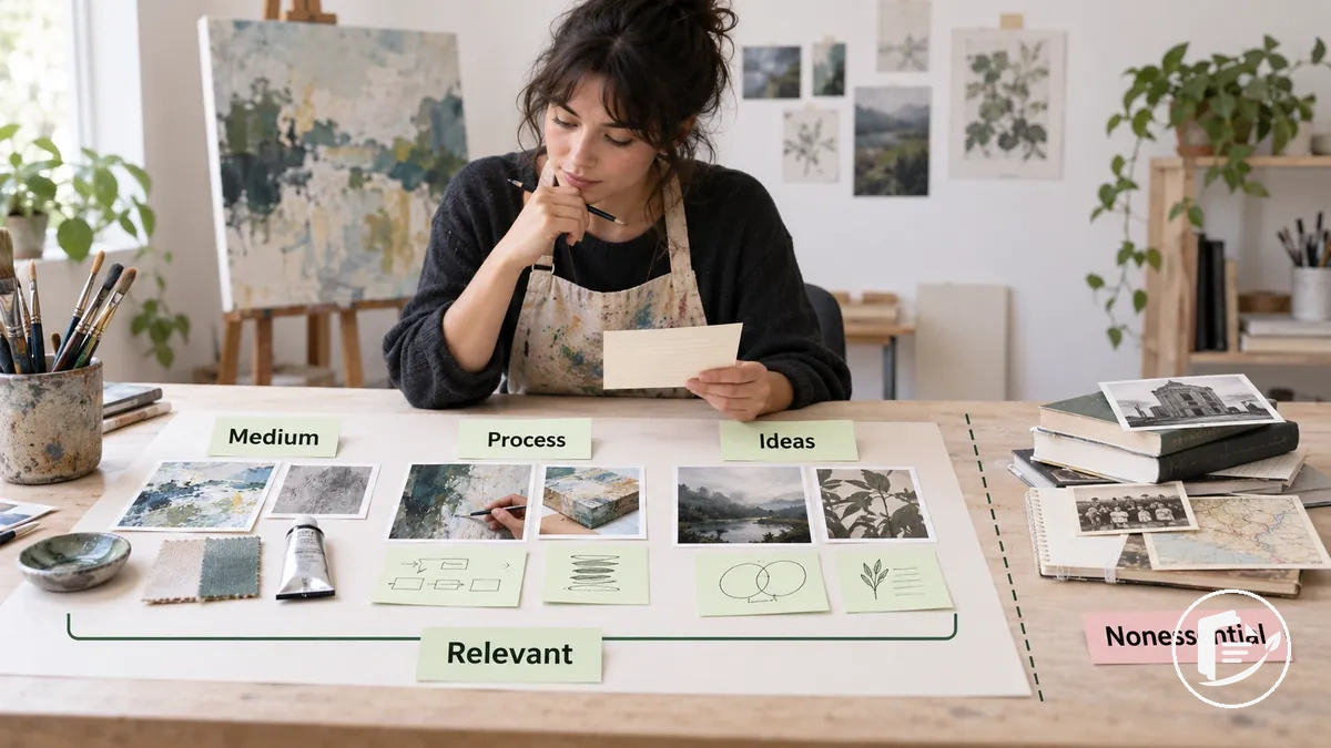 Artist reviewing notes and artwork to select relevant details about medium, process, and ideas for an artist statement