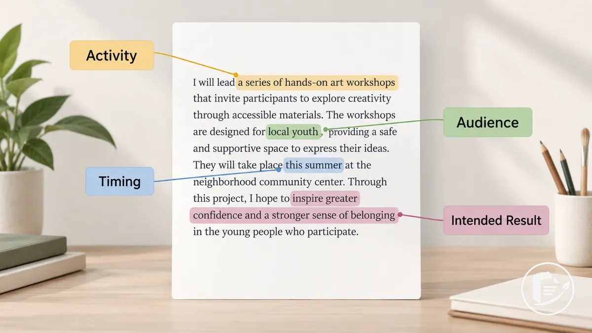 Annotated artist grant response highlighting specific project activity, audience, timing and intended result