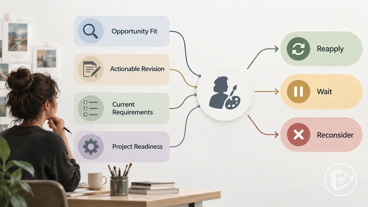 Decision paths for reapplying, waiting, or reconsidering a funding opportunity based on fit, revision potential, current requirements, and project readiness