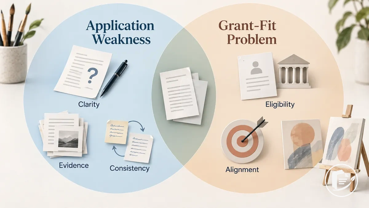 Application weaknesses and grant-fit problems shown as distinct conditions with a neutral overlap where both can coexist