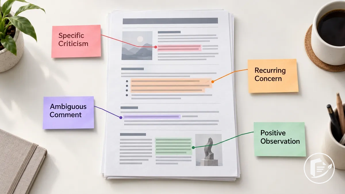 Annotated reviewer feedback showing a specific concern, an ambiguous comment, and a positive observation before grant revision