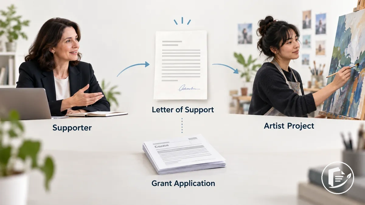 Illustration showing a supporter’s letter backing an artist project within a grant application