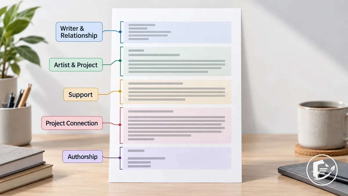 Annotated artist grant letter of support showing relationship, project, commitment, and closing information