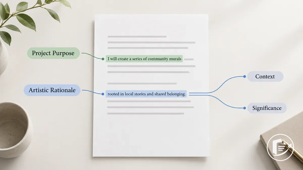 Annotated proposal excerpt distinguishing project purpose from artistic rationale, context, and significance