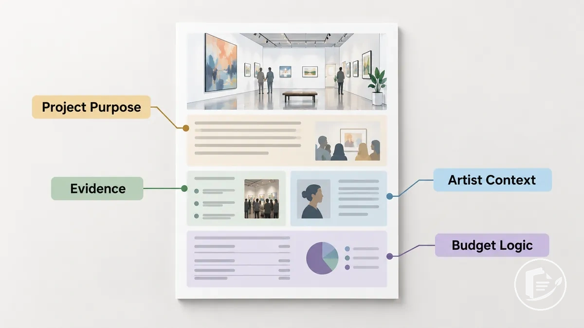Annotated artist grant application example showing how project purpose, evidence, context, and budget connect