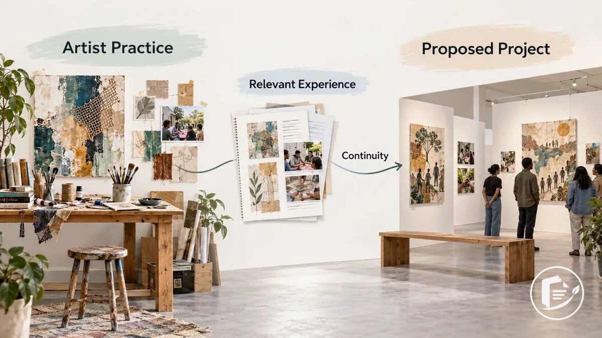 Annotated artist grant example showing the connection between artistic practice and the proposed project