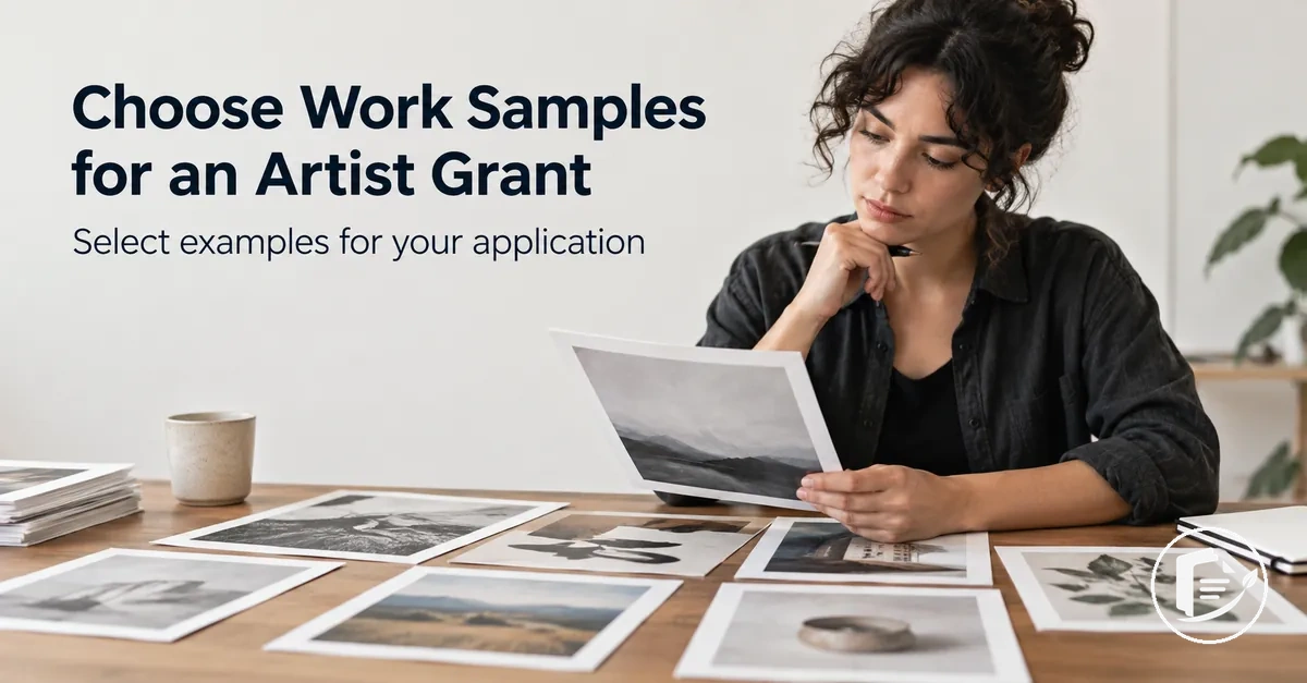 Artist selecting work samples for a grant application