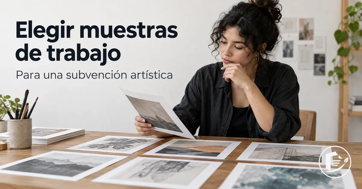 Artista seleccionando muestras de trabajo para una solicitud de subvención