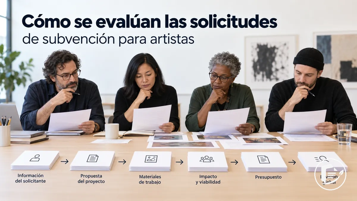 Comité de evaluación revisando una solicitud de subvención de un artista
