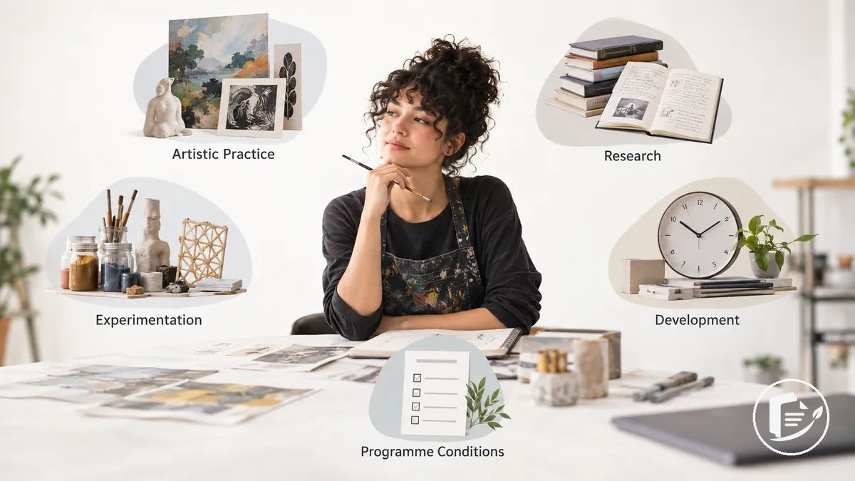 Ilustración de una beca para artistas que muestra el apoyo a la práctica artística, la investigación, la experimentación y la evolución.