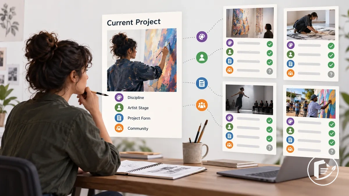 Artista que revisa el trabajo financiado anteriormente para evaluar la similitud con su proyecto