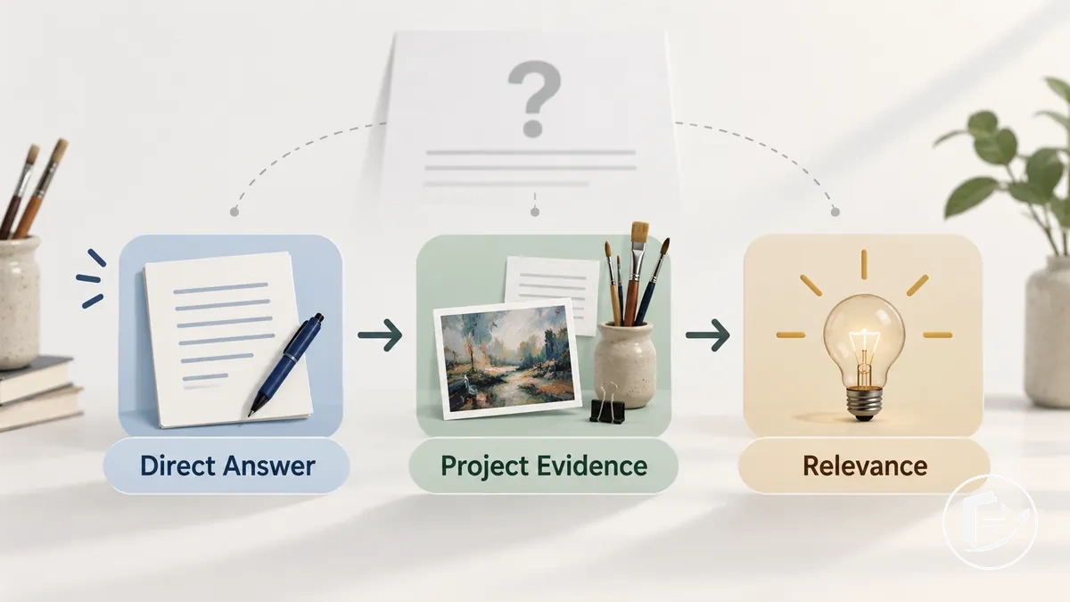 Estructura de respuesta para subvenciones artísticas en tres pasos, desde la respuesta directa hasta el detalle de respaldo y la relevancia