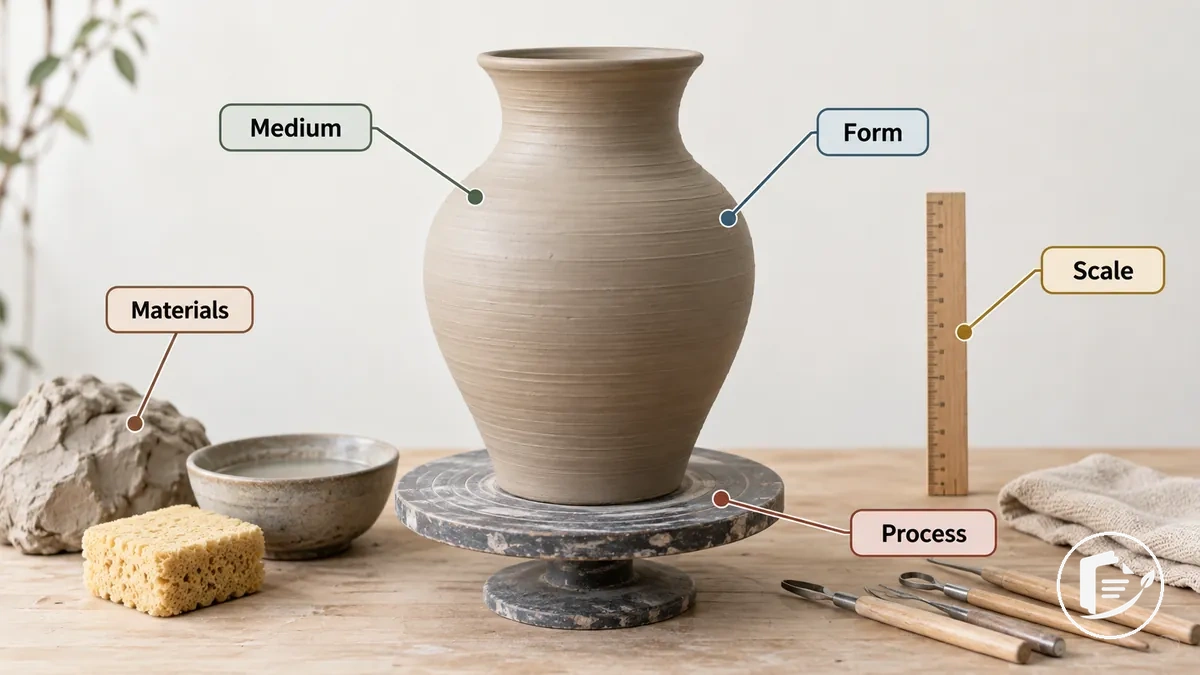 Obra con anotaciones que muestran el medio, los materiales, el proceso, la forma y la escala dentro de una práctica artística