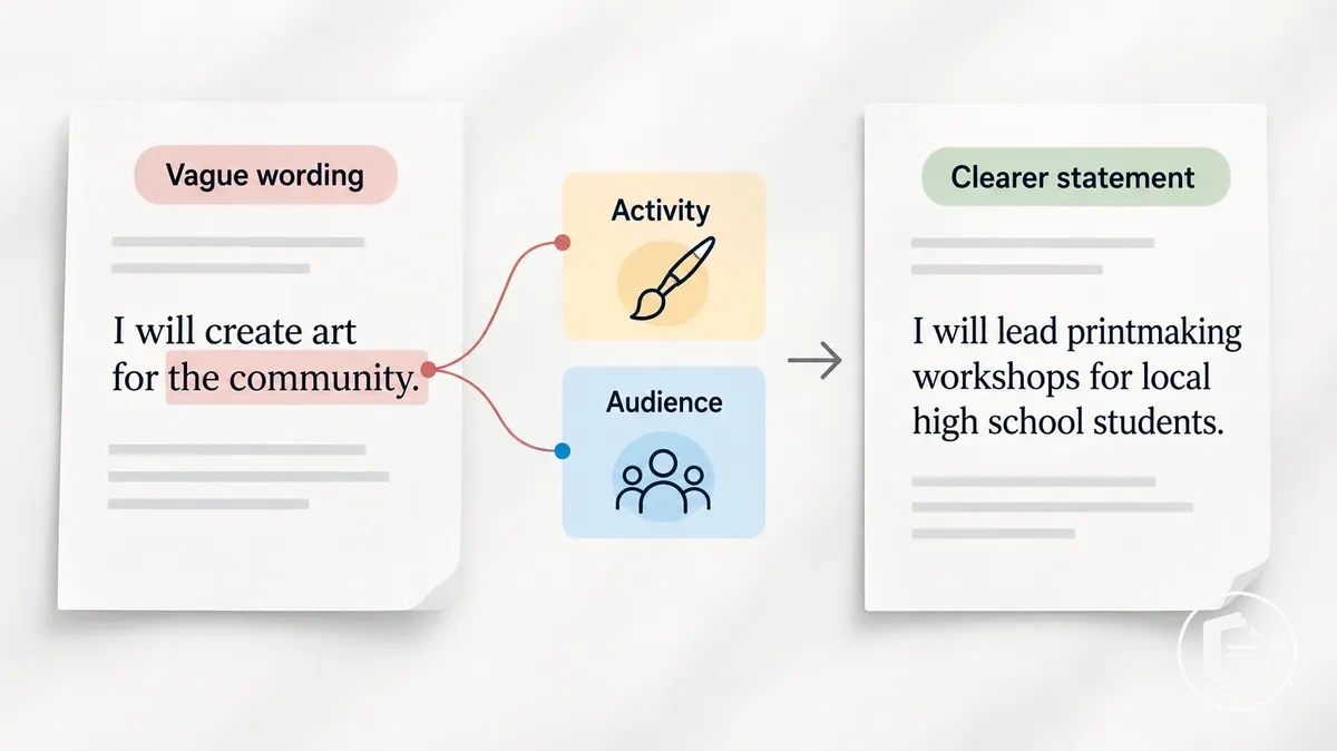 Frase de solicitud de subvención anotada que muestra una frase vaga, el detalle del proyecto omitido y una redacción aclarada
