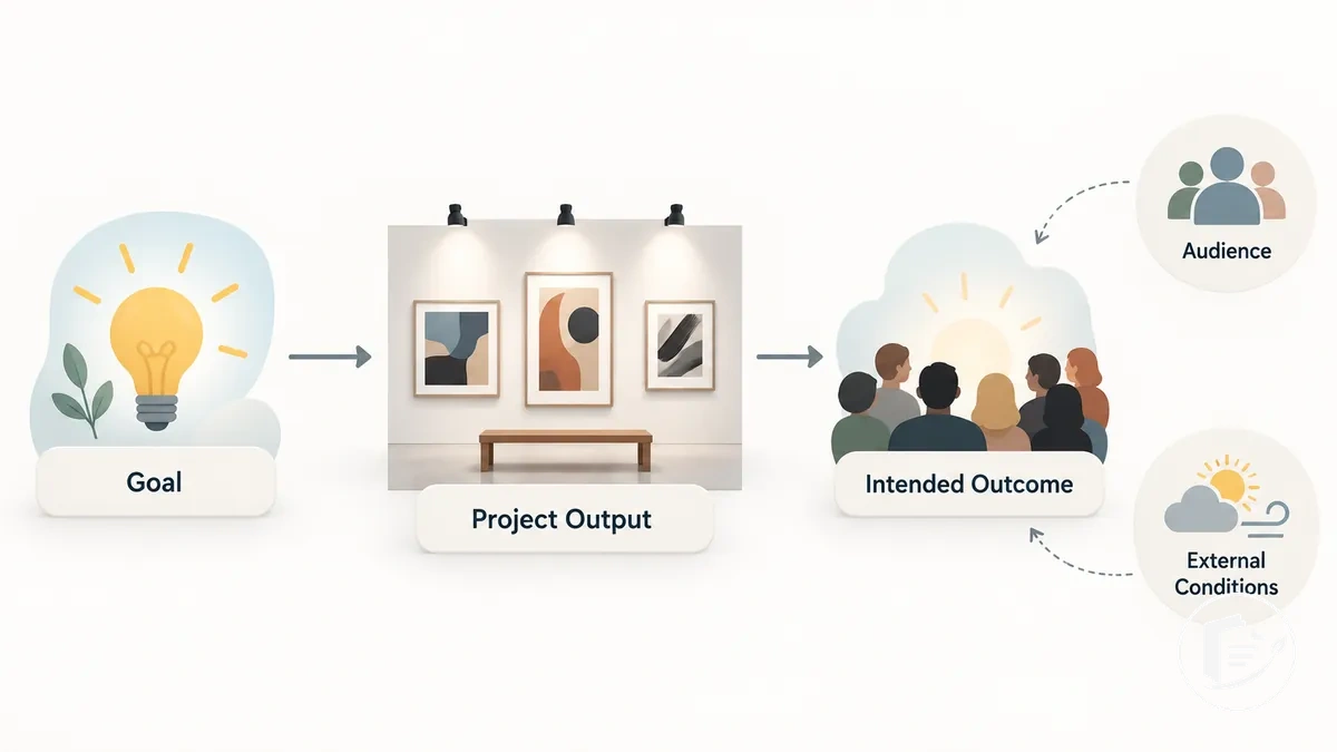 Diagrama que vincula un objetivo del proyecto artístico con su producto del proyecto y su resultado previsto en condiciones externas