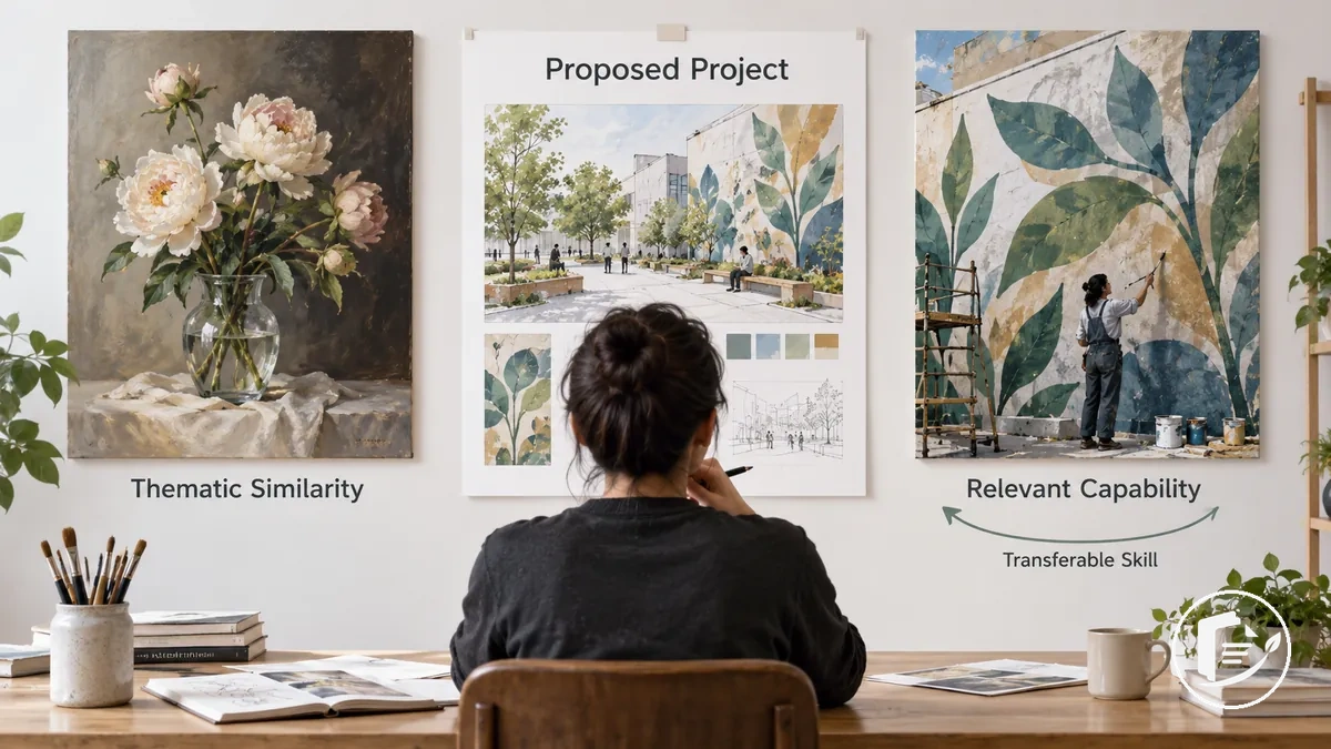 Artista comparando muestras de trabajo para evaluar su relevancia para un proyecto de subvención propuesto
