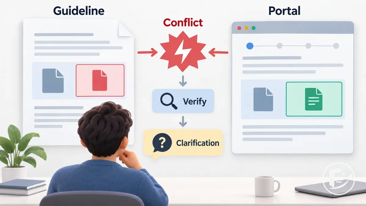 Solicitante comparando instrucciones contradictorias de la subvención y verificando qué requisito oficial se aplica