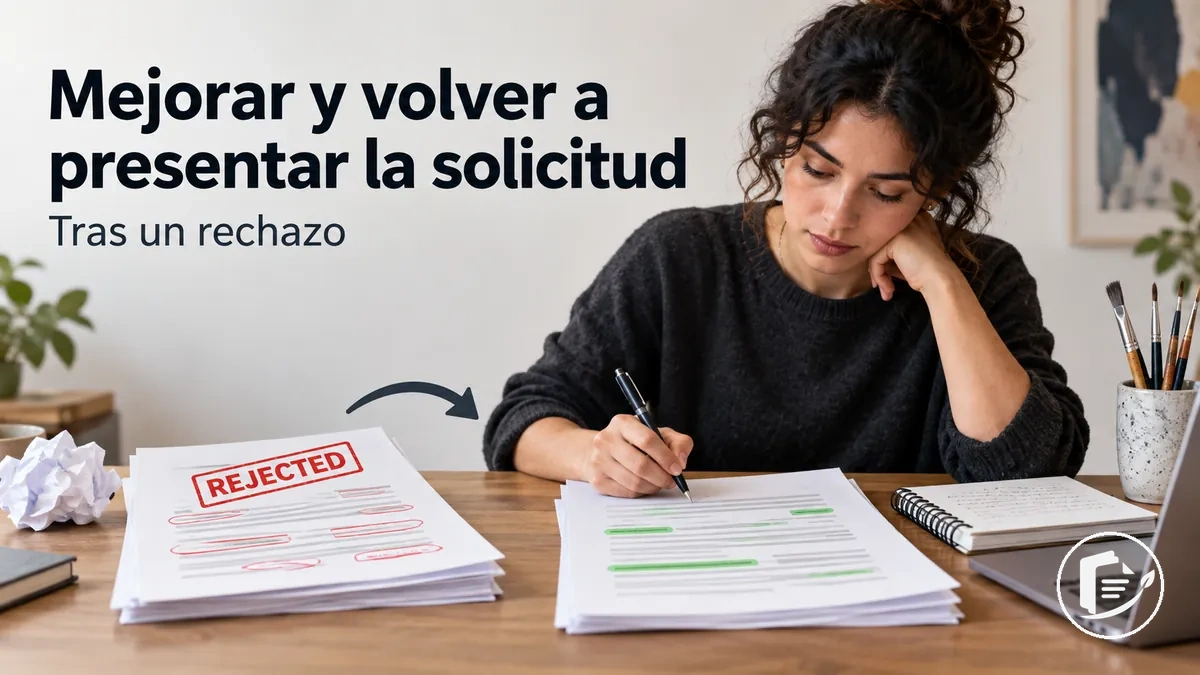 Artista revisando una solicitud de subvención rechazada antes de volver a presentarla