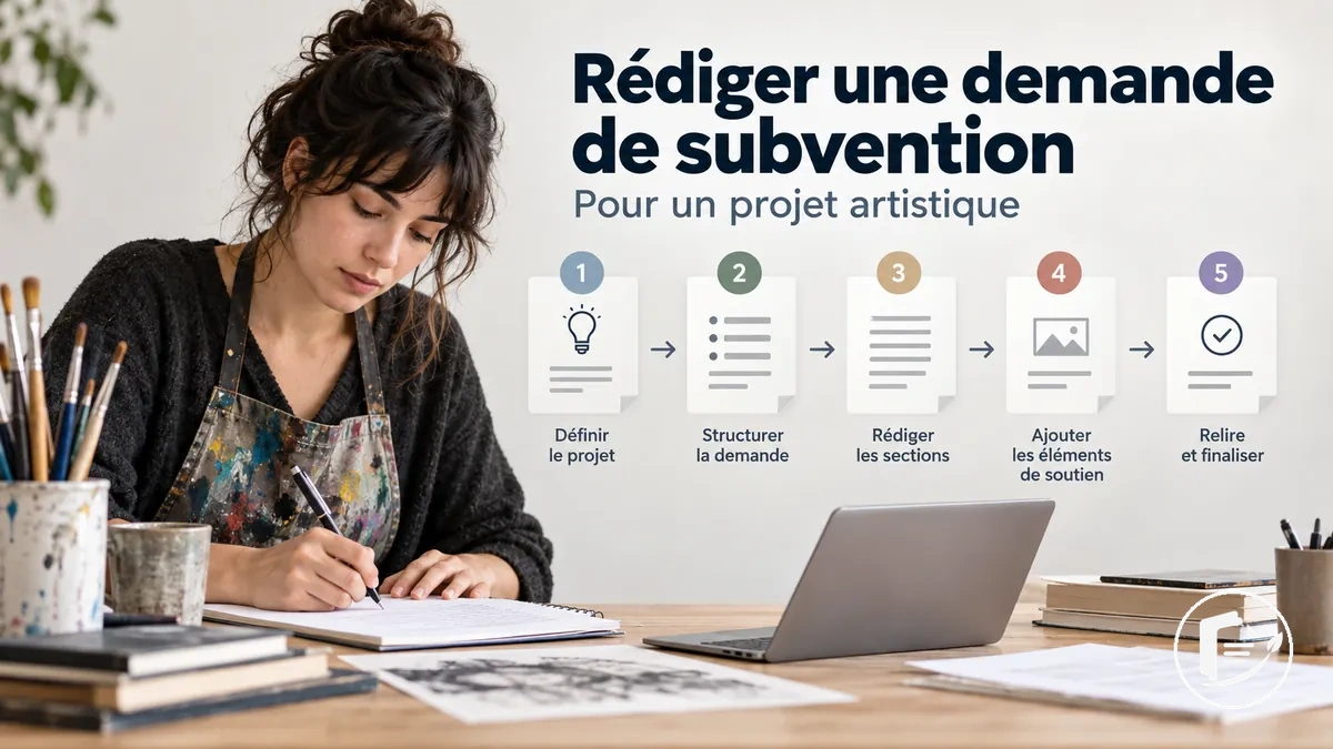 Artiste rédigeant étape par étape une demande de subvention pour un projet artistique