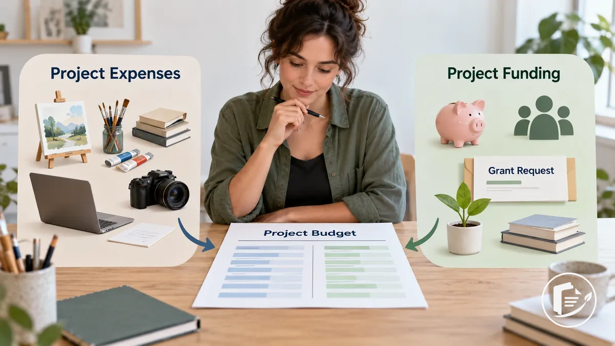 Artiste examinant les dépenses et les sources de financement dans un budget de subvention