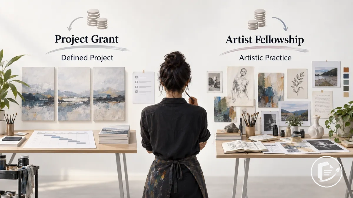Illustration comparant un projet artistique défini pour une subvention de projet avec un soutien plus large pour une bourse pour artistes.