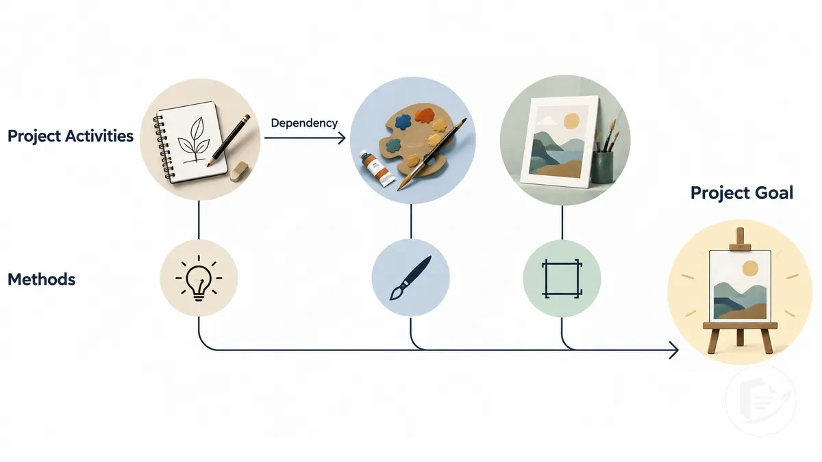 Illustration reliant les activités et méthodes du projet à un objectif artistique avec une dépendance entre des actions liées