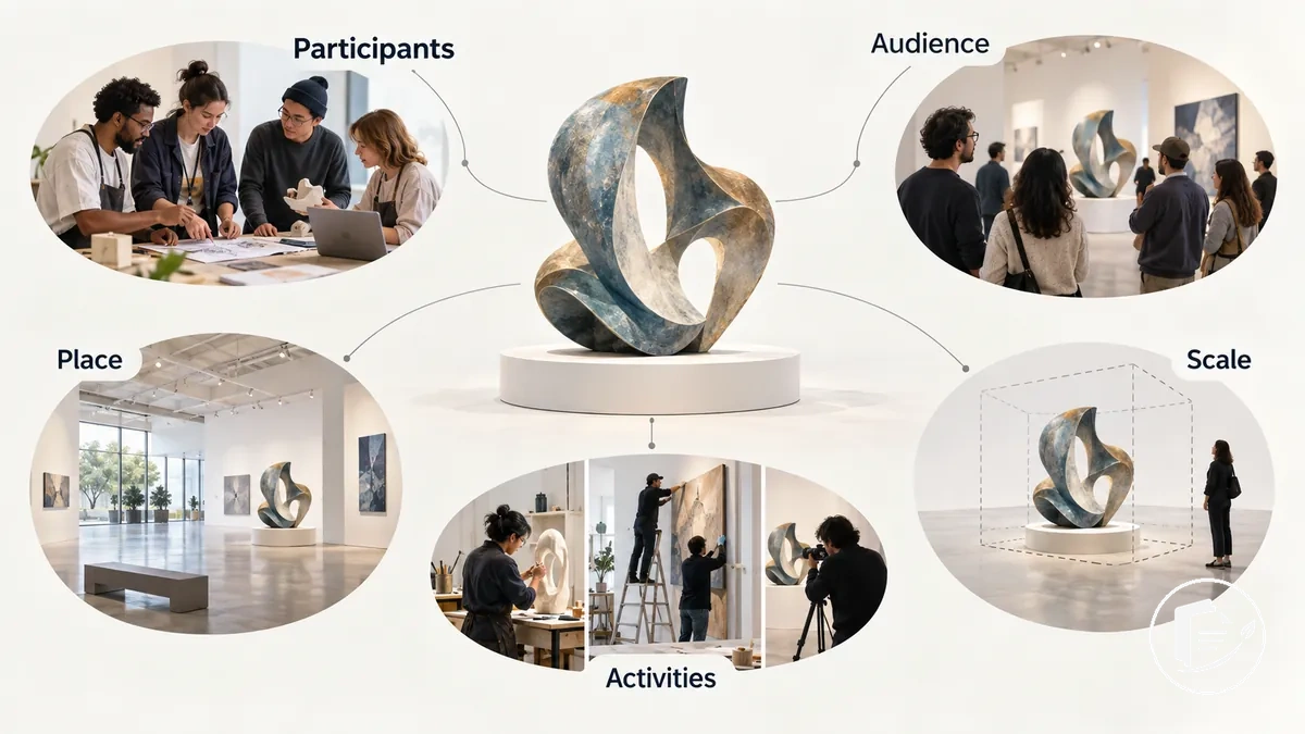 Illustration montrant un projet artistique ainsi que les personnes, le public, le lieu, les activités et l’échelle qui définissent son périmètre pratique