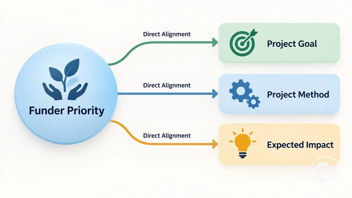 Diagramme reliant une priorité du financeur aux objectifs, méthodes et impact attendu du projet dans une demande de subvention