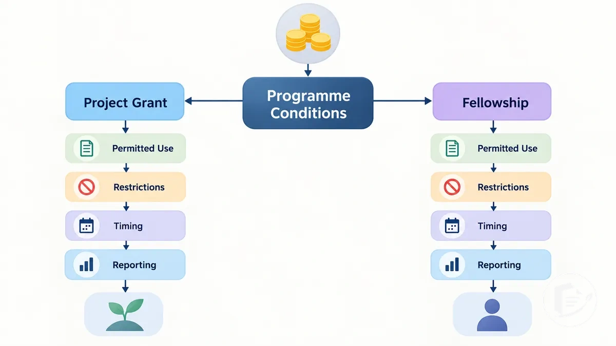 Diagramme montrant comment les conditions de programme influencent l'utilisation et les restrictions du financement pour les subventions de projet et les bourses pour artistes.