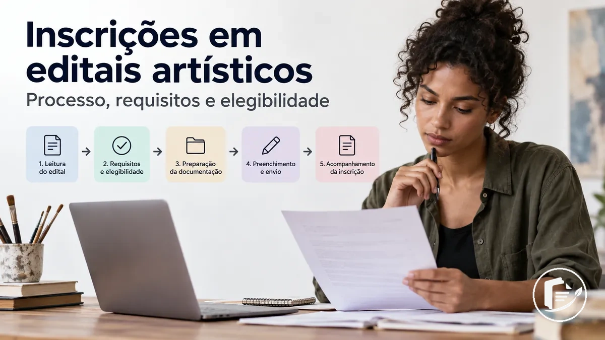 Artista revisando requisitos e critérios de elegibilidade de um edital artístico