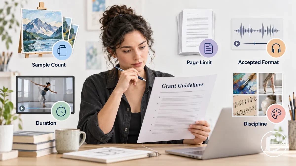 Artista comparando formatos de amostras de trabalho e limites de submissão nas diretrizes do edital