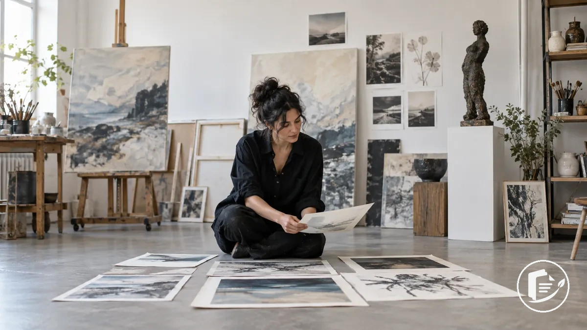 Artista analisando diversos trabalhos representativos que mostram uma prática artística atual coerente