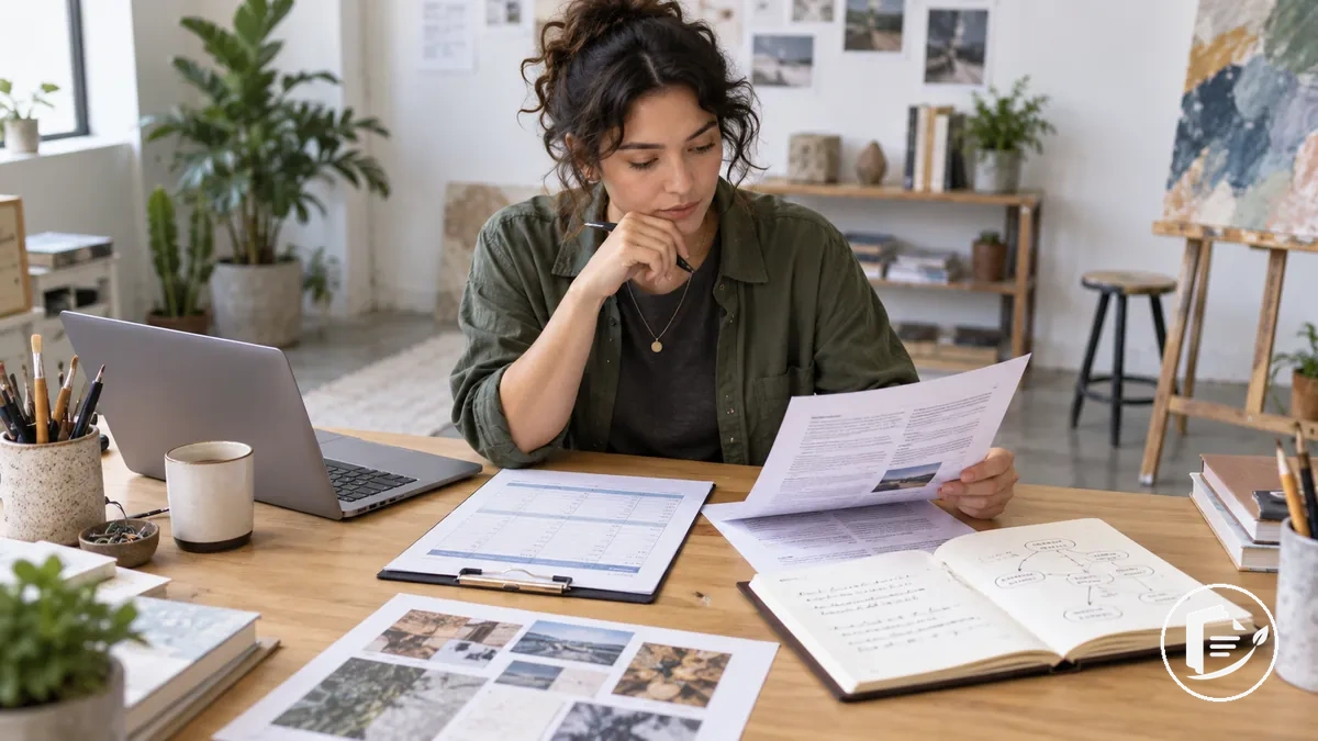 Artista revisando requisitos de orçamento de edital junto com anotações do projeto